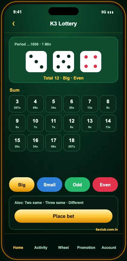 6E Club K3 lottery screen