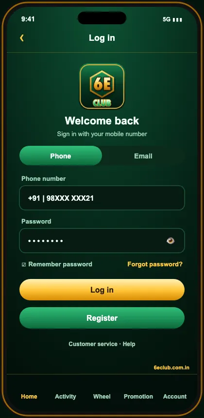 6E Club login screen