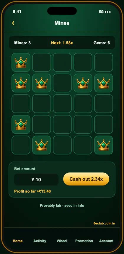 6E Club Mines game screen