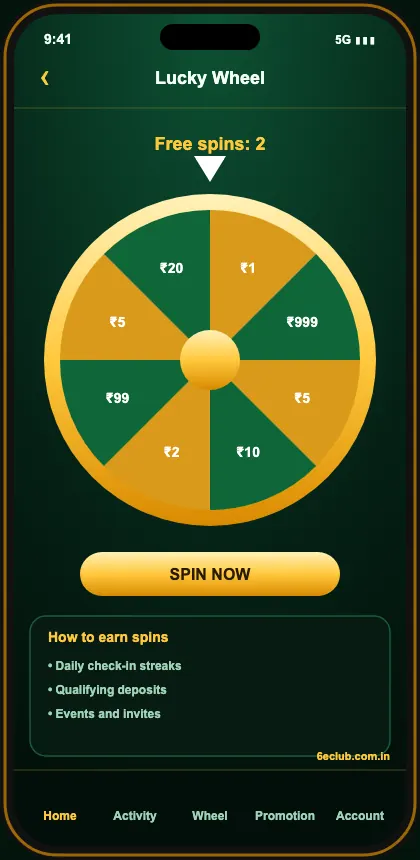 6E Club lucky wheel screen