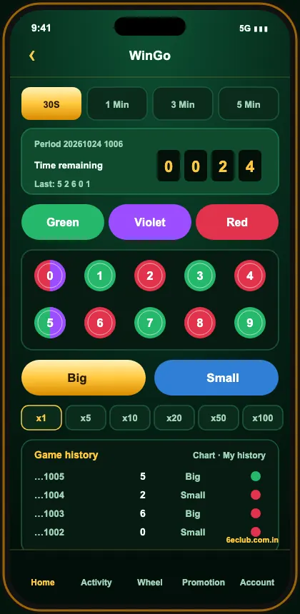 6E Club WinGo game screen